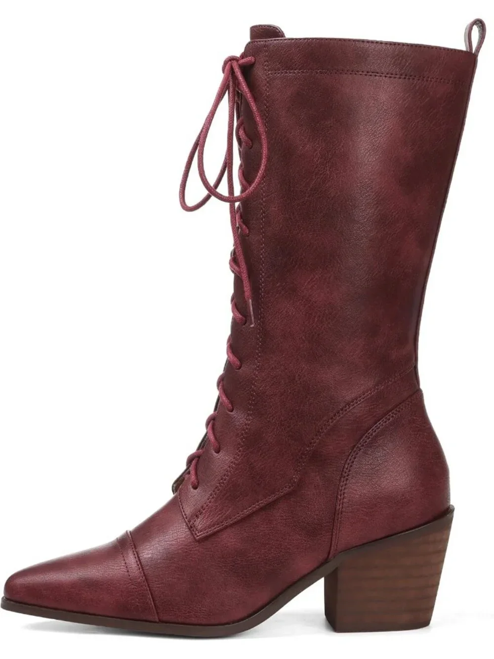 Women's Red Lace Up Chunky Heel Vintage Combat Heeled Dress Casual Boots